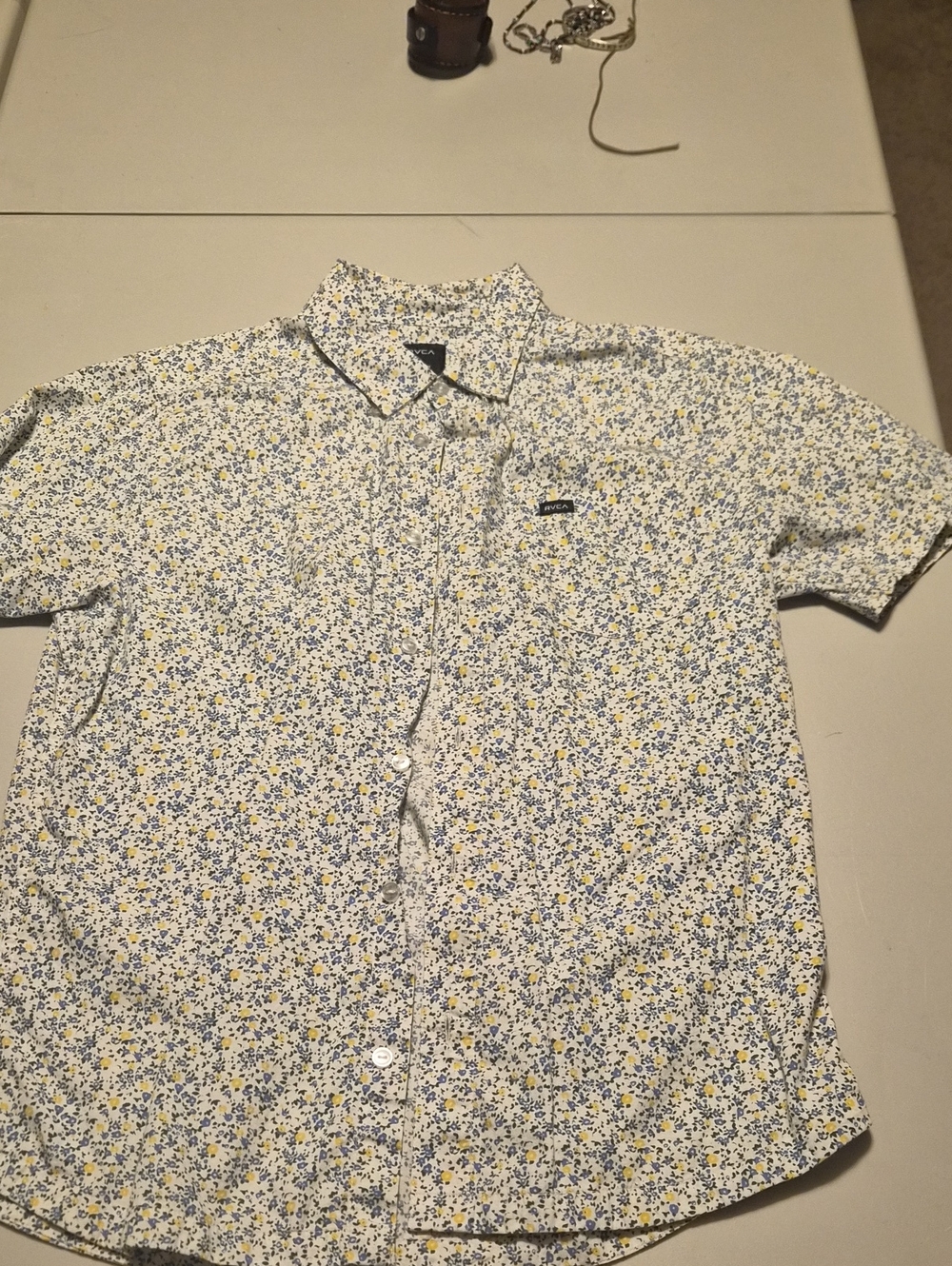 Short-Sleeve Floral Button-Up Shirt - White/Blue/Yellow